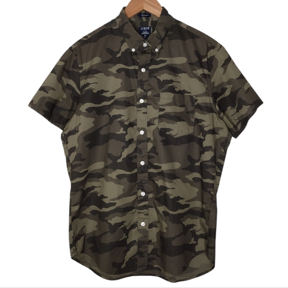 J. Crew Men's Camouflage Flex Washed Short Sleeve Casual Button Down Shirt Sz M